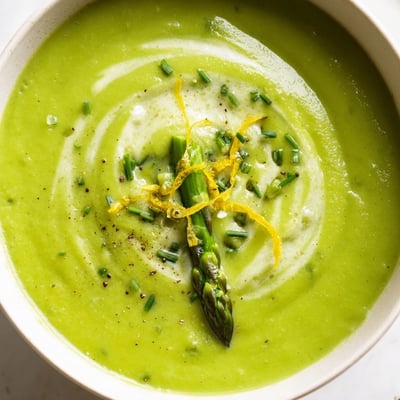 A steaming pot of Creamy Asparagus Soup with Lemon and a lemon wedge, next to crusty artisan bread.