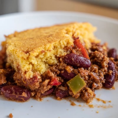 Steaming Beef Chili with Kidney Beans and Cornbread Topping is scooped onto a plate, revealing savory beef, tender beans, and a fluffy slice.