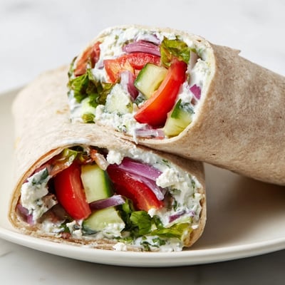Close-up of a Mediterranean Sandwich Wrap with Veggies stuffed with crumbled feta and arugula, drizzled with creamy yogurt sauce.