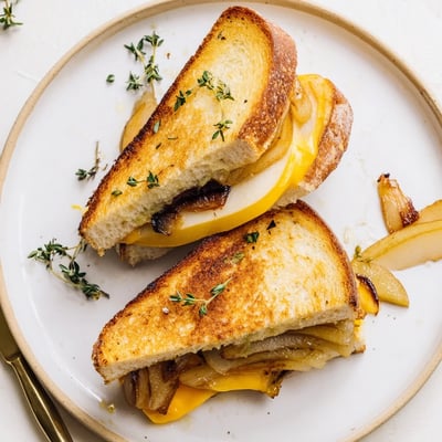 A close-up of a warm, sliced Pear, Apple & Grilled Cheese with Caramelized Onions revealing gooey cheese and tender fruit layers on a rustic wooden board.