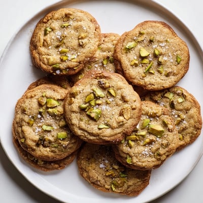Soft, chewy Salted Honey Pistachio Cookies with green pistachio chunks, perfect with a warm cup of coffee.