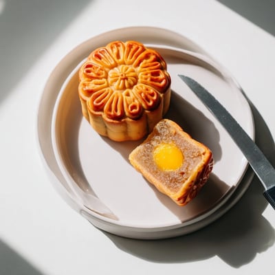 A close-up shot shows the tender crust of a baked mooncake, revealing a sweet lotus seed paste filling.