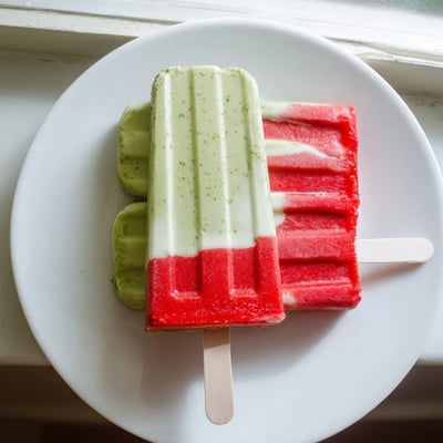 A close-up view of a Strawberry Matcha Latte Popsicle highlights creamy texture and fresh strawberry chunks, perfect for a refreshing summer dessert.