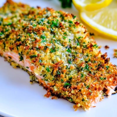 A close-up of Irresistibly Crispy Parmesan Salmon Bake served with lemon wedges.
