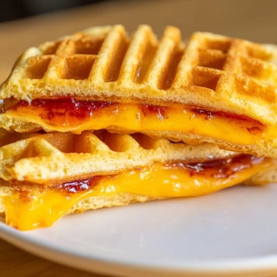 Sweet Waffle Grilled Cheese sandwich served warm with gooey Havarti cheese and a dollop of fruit preserves.