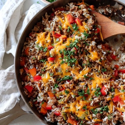 A hearty Unstuffed Pepper Skillet topped with melty cheddar and fresh parsley, served in a skillet.