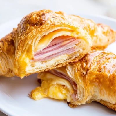 Close-up of a warm Ham and Cheese Croissant revealing savory ham and rich, buttery croissant interior.