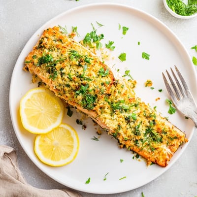 Serving the Irresistibly Crispy Parmesan Salmon Bake with lemon wedges on a plate beside roasted vegetables and a fresh green salad.
