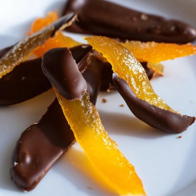 Candied orange peel strips dipped halfway in melted dark chocolate, cooling on wire rack