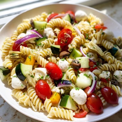 Vibrant Italian pasta salad tossed in zesty homemade vinaigrette with crisp seasonal vegetables