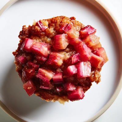 Tender upside down rhubarb muffins flipped to reveal glossy, sweet-tart ruby topping