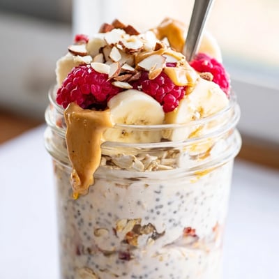 Thick protein overnight oats in a mason jar, layered with sliced banana and chia seeds