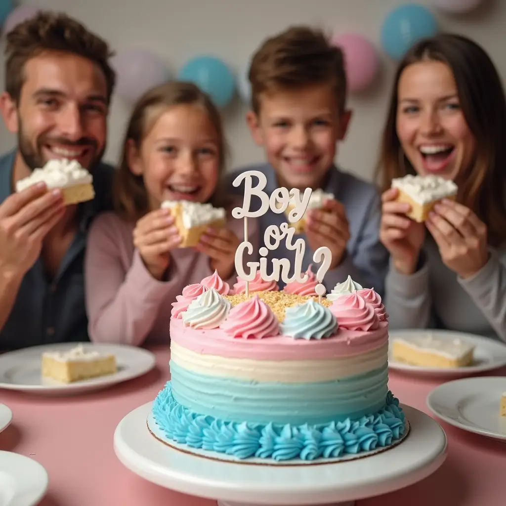 Gender reveal cake with pink and blue frosting swirls and a ‘Boy or Girl?’ topper on a table, surrounded by happy family members holding cake slices, with pastel party decorations in the background.