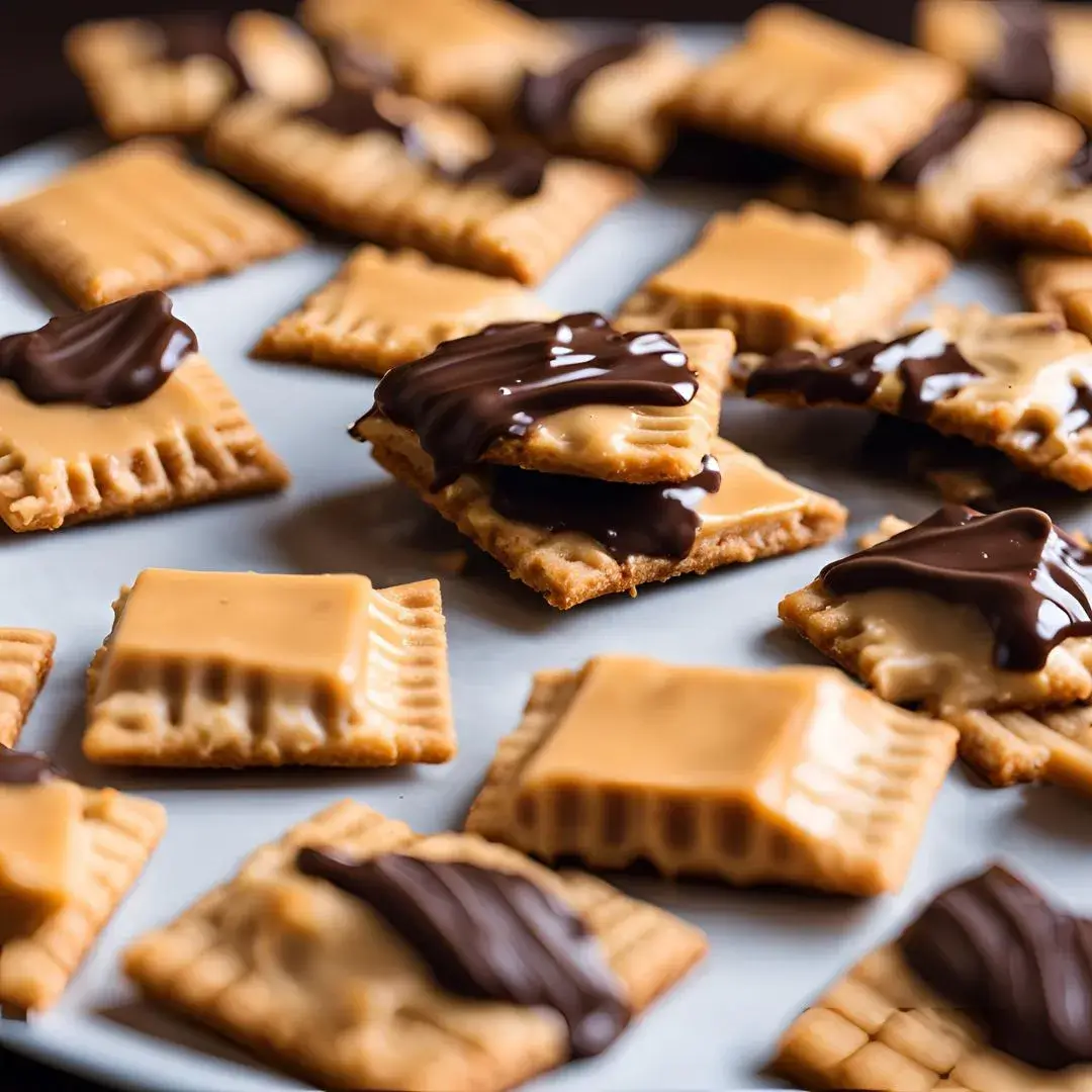 Homemade Cheez-It crackers topped with creamy peanut butter and drizzled with chocolate