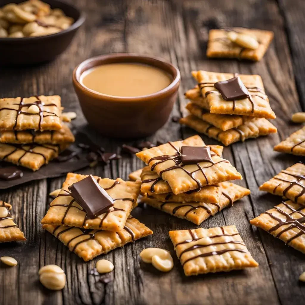 Homemade Cheez-It crackers topped with peanut butter and coated in melted chocolate