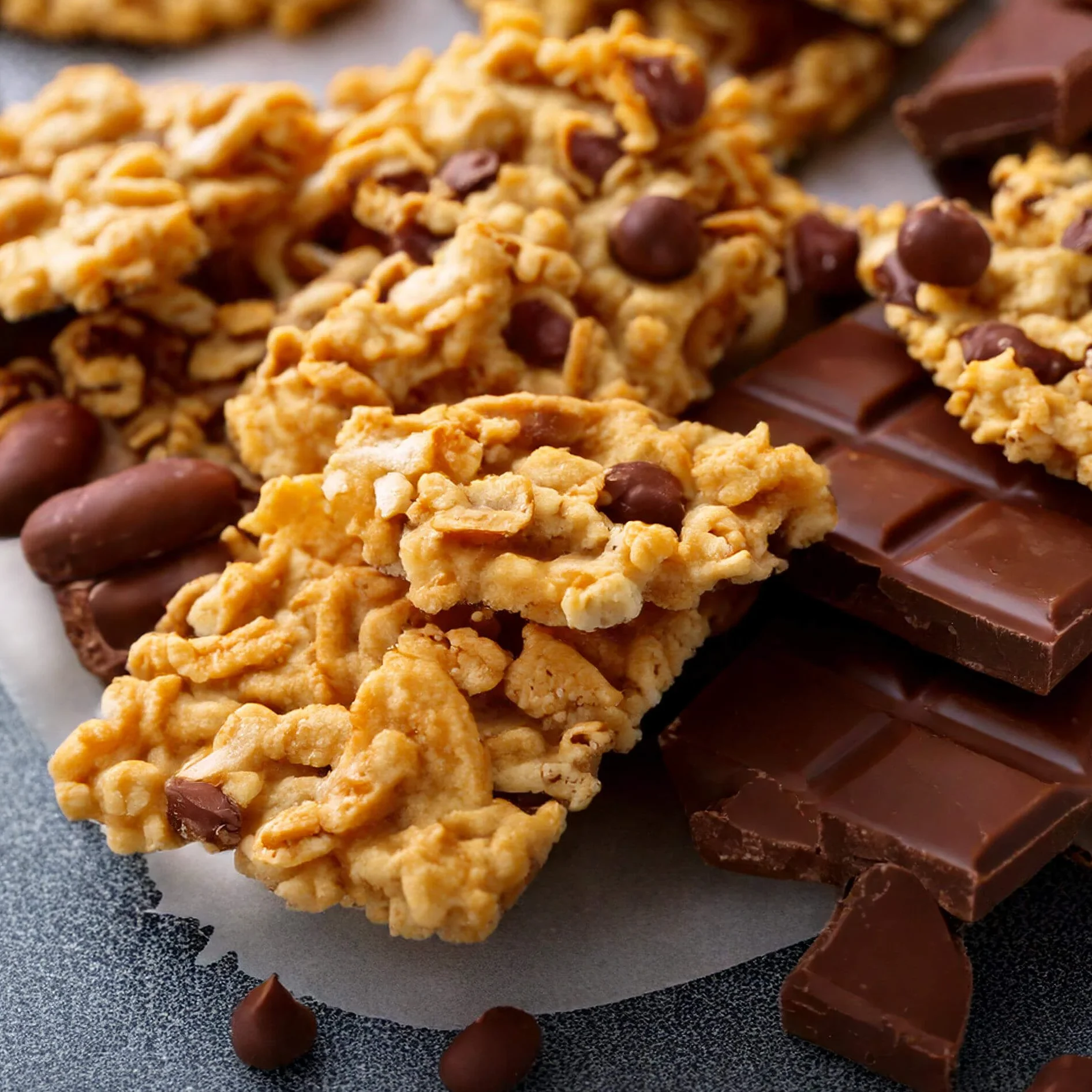 Homemade Cheez-It peanut butter and chocolate treats with a crunchy texture, surrounded by chocolate pieces on a parchment-lined surface.