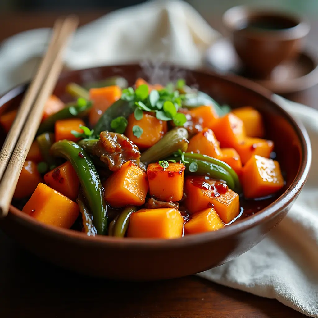 Chinese stir-fry with kabocha squash, tofu, and bell peppers in a soy-based sauce, served in a traditional bowl with chopsticks and steam rising from the vegetables.
