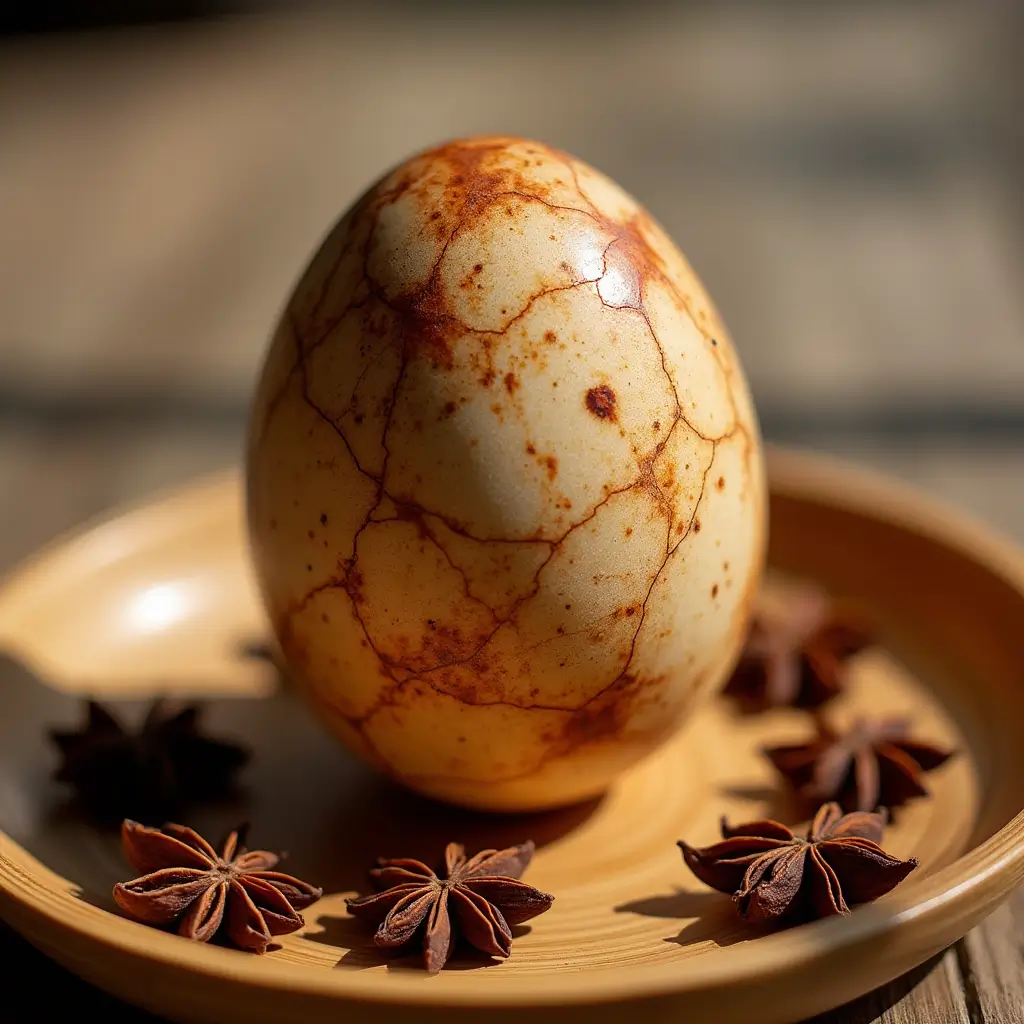 A tea egg with an intricate marbled pattern, resting on a bamboo plate with star anise and cinnamon sticks, illuminated by natural sunlight.