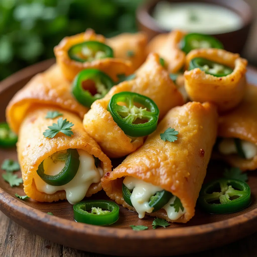 A close-up of crispy egg roll wrappers filled with creamy goat cheese and sliced jalapeños, garnished with fresh cilantro on a rustic wooden plate.
