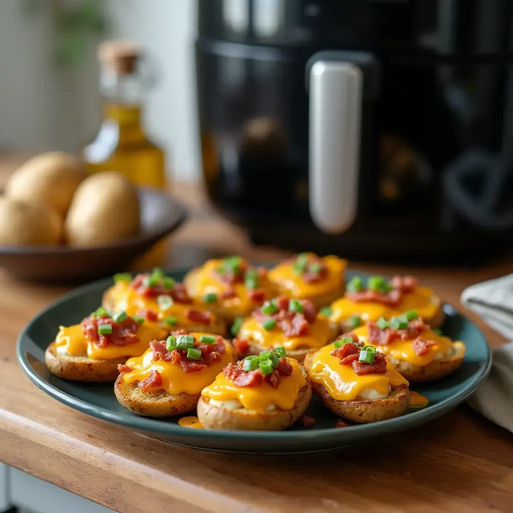 A cozy kitchen with a plate of crispy air fryer potato skins topped with melted cheese, bacon bits, and green onions on a wooden countertop. The air fryer and fresh ingredients like russet potatoes and olive oil are in the background. Soft lighting enhances the inviting atmosphere.