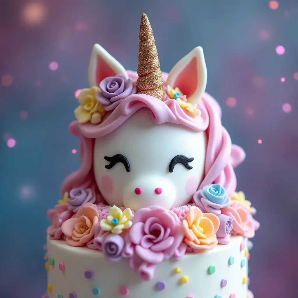 Whimsical unicorn cake with a glittering fondant topper, featuring a unicorn horn, ears, and eyes, decorated with pastel flowers and rainbow sprinkles.