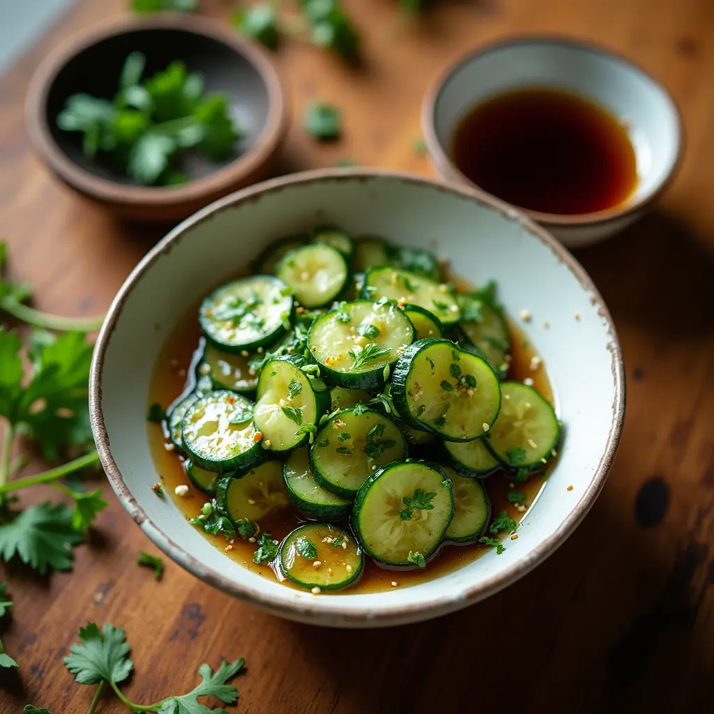 Close-up of marinated cucumbers in a bowl, garnished with sesame seeds and cilantro, surrounded by fresh cucumbers, garlic, and soy sauce on a wooden table.