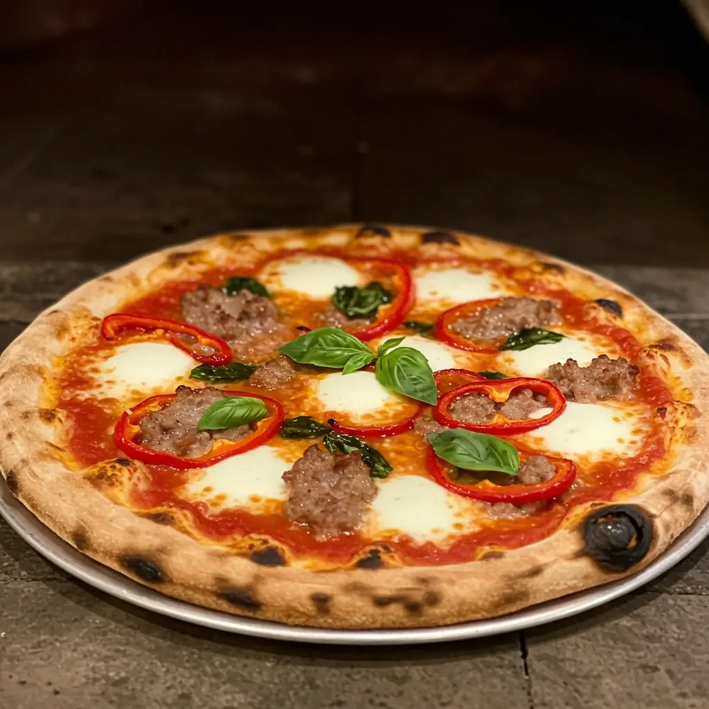 New Haven-style pizza with a thin, charred crust, topped with fresh mozzarella, basil, and olive oil, served on a wooden pizza peel.