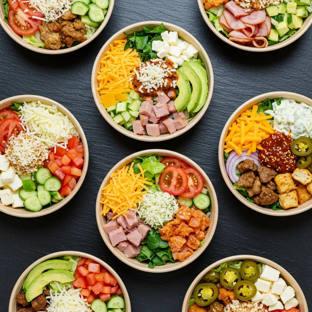 A top-down view of three Sub in a Tub bowls with different ingredients, including extra cheese, lean meats, jalapeños, and hot sauce, placed on a slate surface.