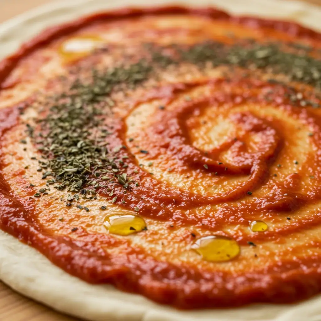 Fresh tomato sauce with oregano and olive oil spread on a thin pizza crust, ready for baking.