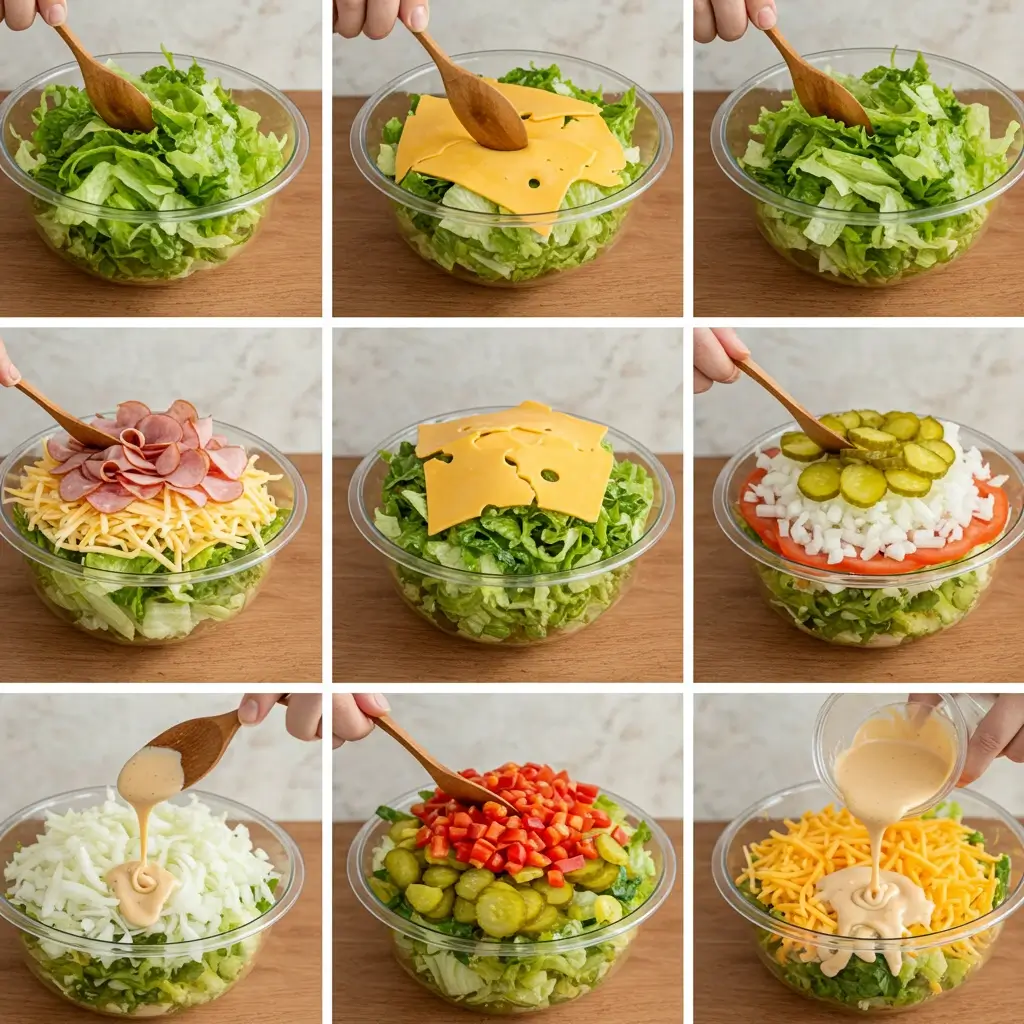 A collage of four images showing the step-by-step process of making a Sub in a Tub, from adding lettuce to topping it with dressing.