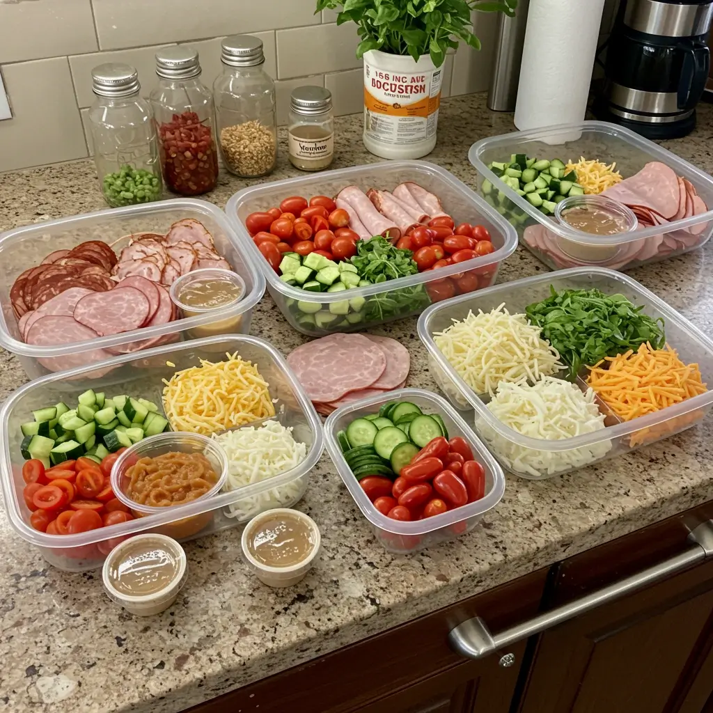 Airtight meal prep containers filled with neatly arranged meats, cheeses, fresh vegetables, and small dressing cups on a clean kitchen countertop.