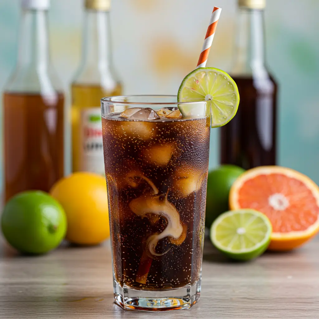 A tall glass filled with fizzy dark soda, coconut syrup, and lime, swirled with cream, garnished with a lime slice and straw.