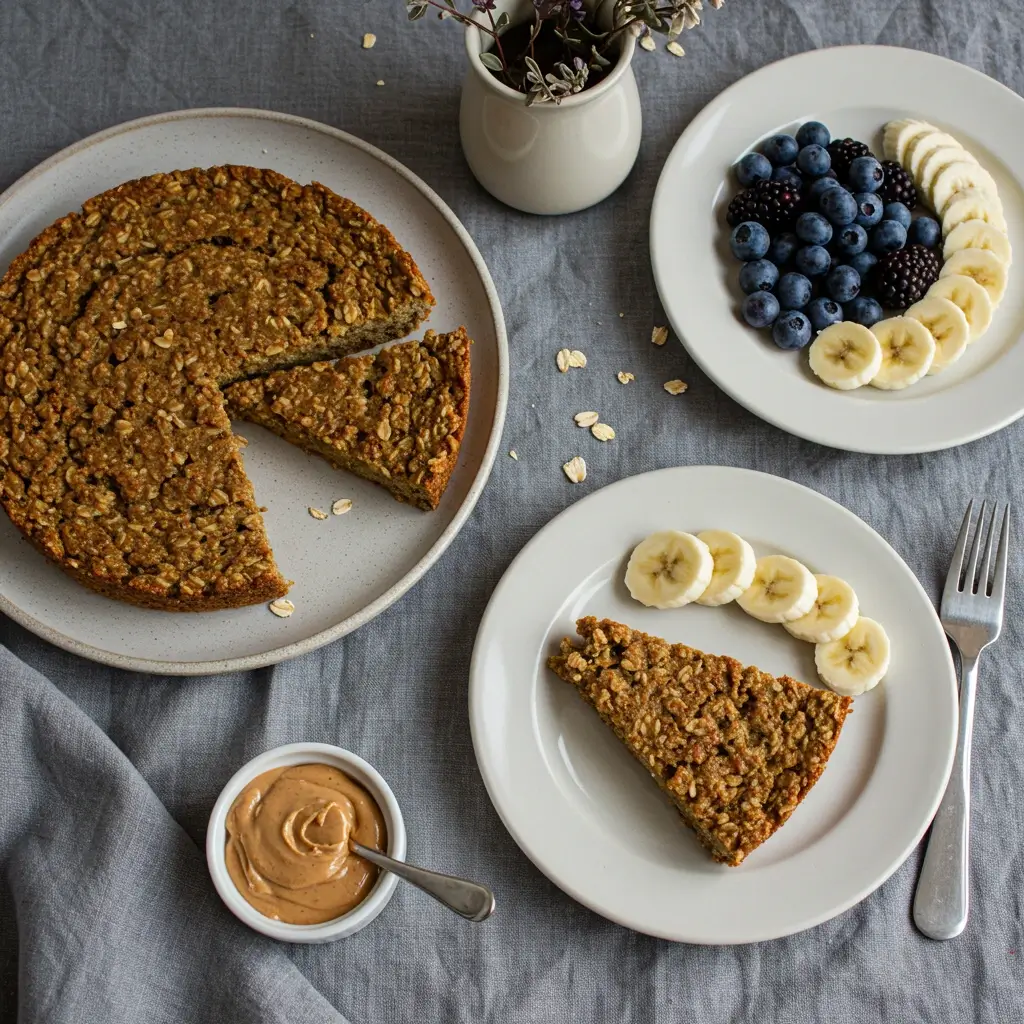 Sliced vegan oat cake served with nut butter and fresh fruit on a table.