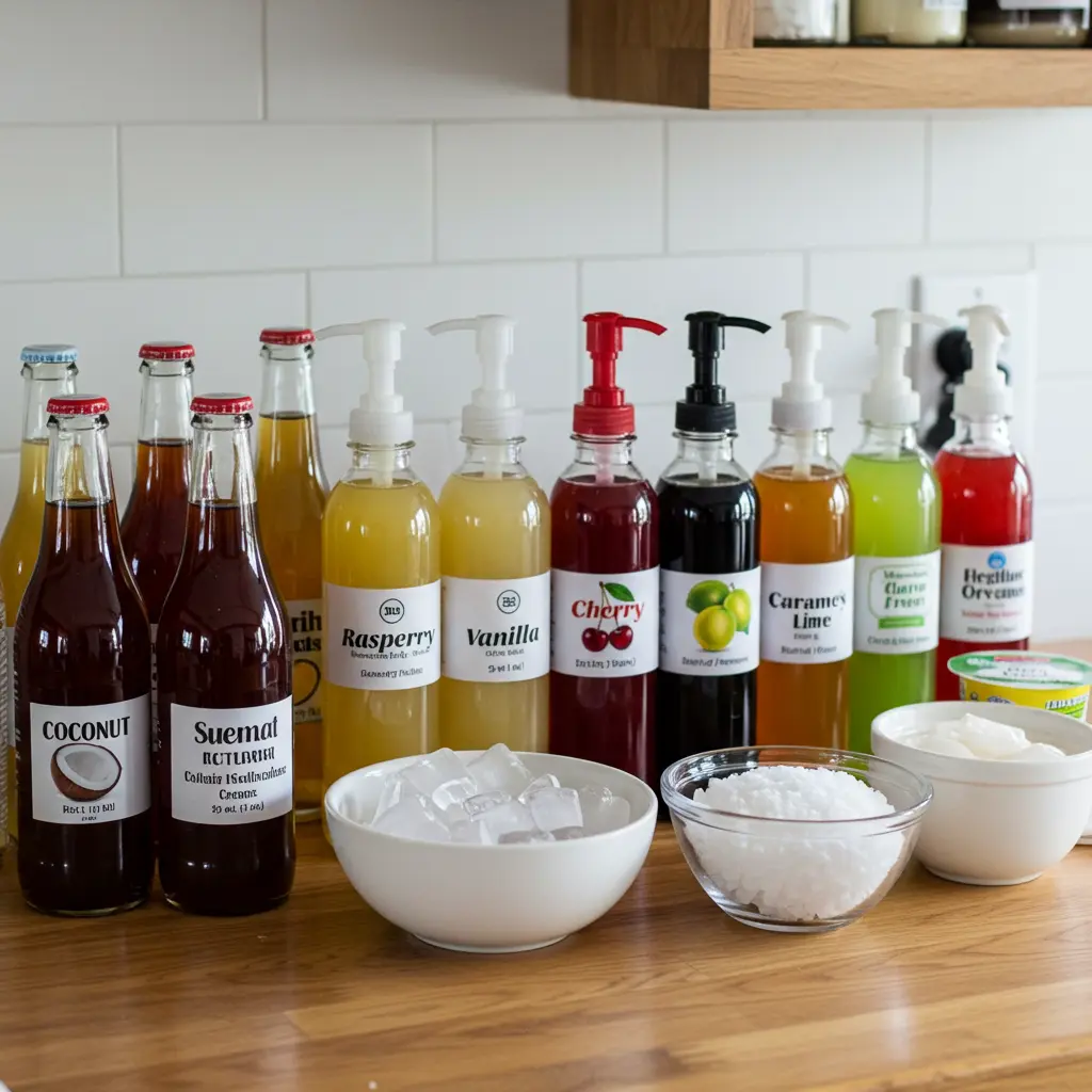 A DIY dirty soda bar with bottles of Coke, Dr. Pepper, Sprite, flavored syrups, and creams on a rustic wooden countertop.