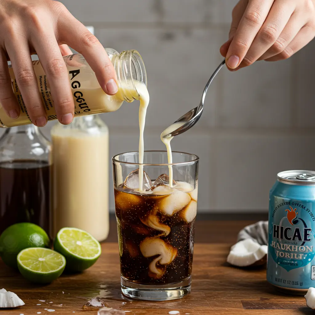 Hands pouring coconut syrup and half-and-half into a glass of soda with ice, creating a creamy swirl effect.
