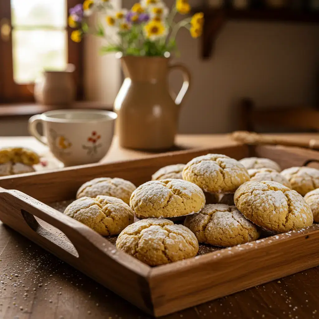 Freshly baked Ricciarelli Honey cookies with powdered sugar on a wooden tray, set in a warm Tuscan kitchen.