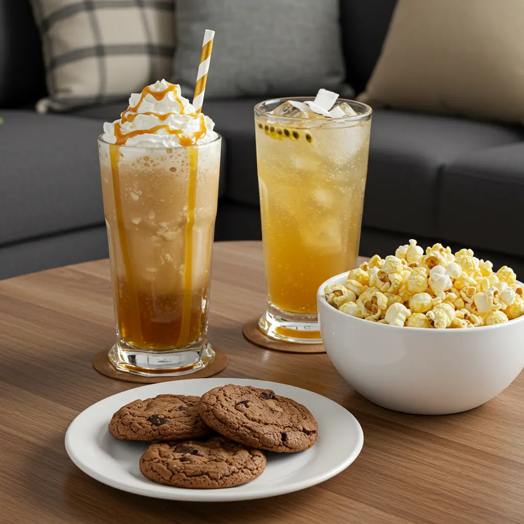 A caramel root beer float with whipped cream next to chocolate chip cookies, and a tropical Sprite dirty soda with a bowl of popcorn.