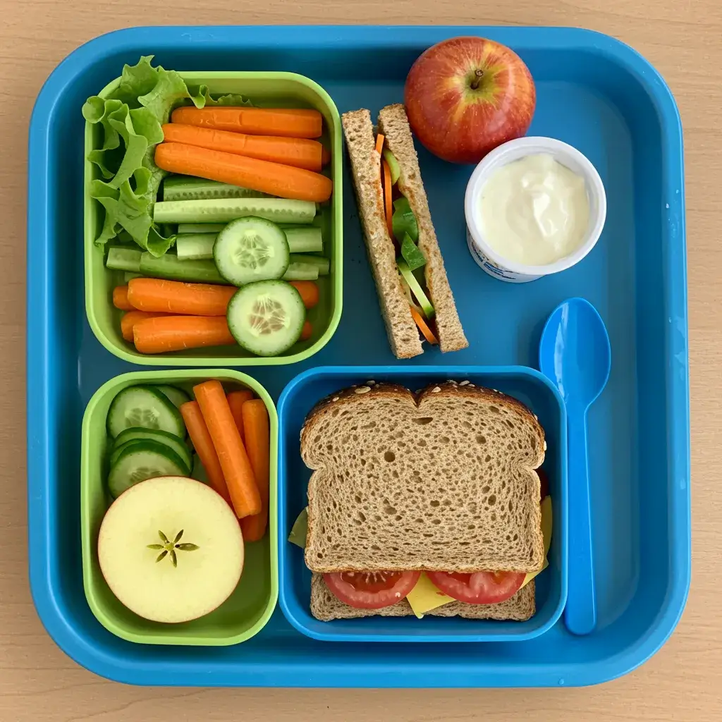 A school lunch tray with a whole-grain sandwich, carrots, cucumbers, an apple, and a small yogurt container.