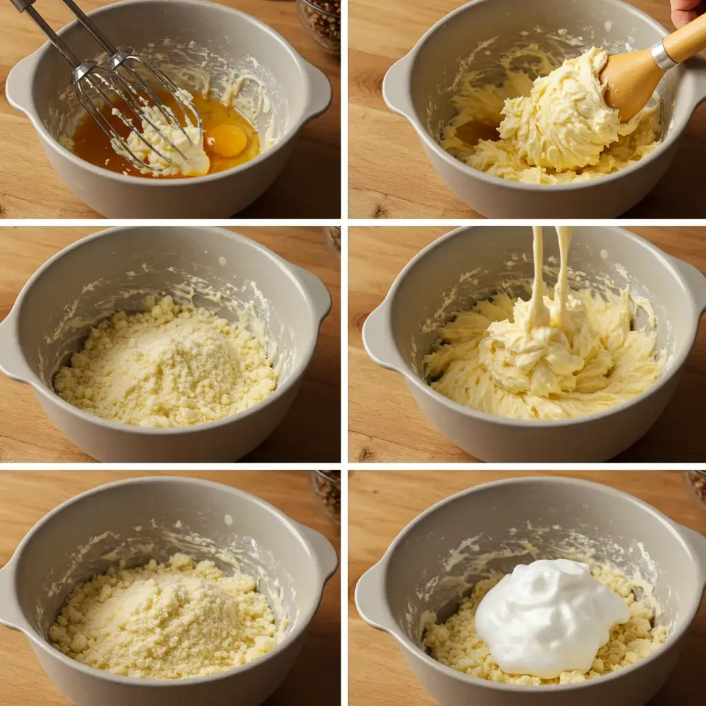 A bowl with almond flour, honey, and egg whites being mixed to make Ricciarelli Honey cookie dough.