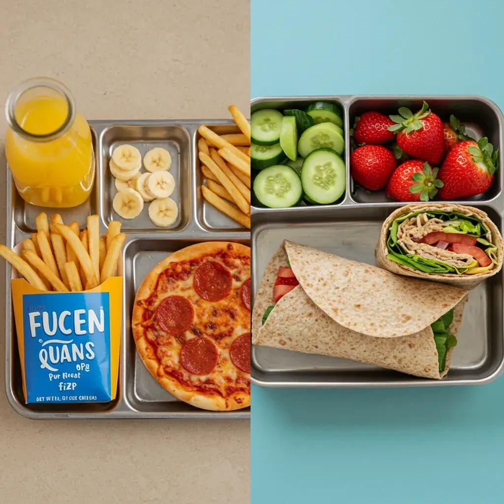 A side-by-side comparison of a school lunch with pizza and fries next to a home-packed meal with fruits, vegetables, and a healthy wrap.