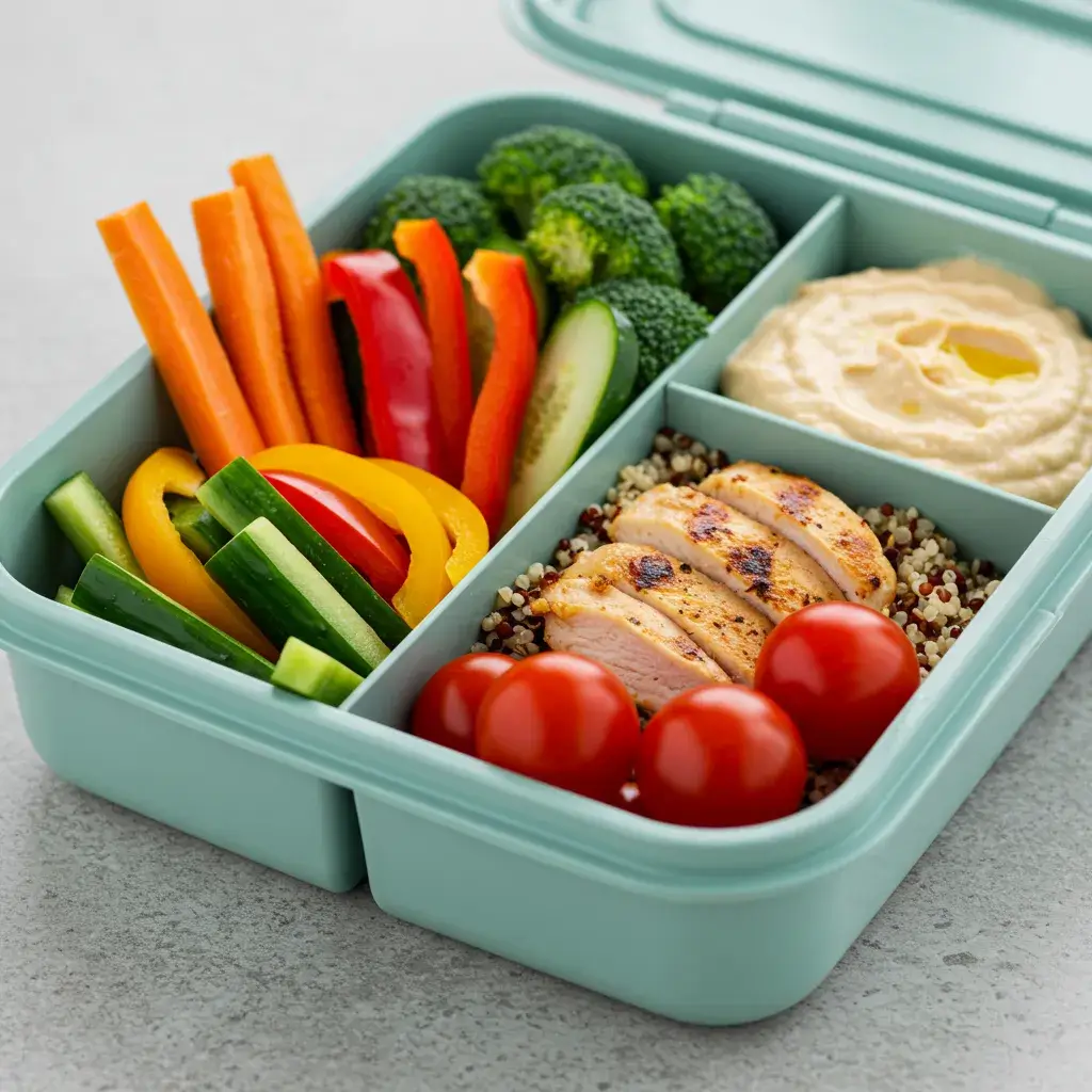 A happy child packing a lunchbox with a sandwich, fruit, and veggies in a well-lit kitchen.