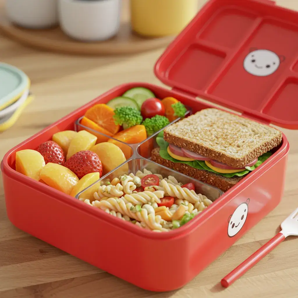 A lunchbox filled with grilled chicken, quinoa, cherry tomatoes, carrots, and a small portion of hummus.