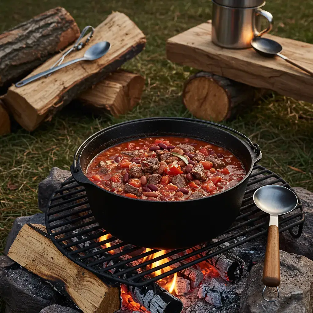 Venison deer camp chili simmering in a cast iron pot over a campfire with a forest setting.