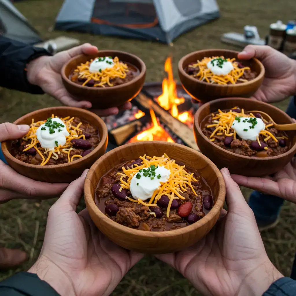 A group of campers sharing bowls of venison chili with toppings around a campfire at sunset.