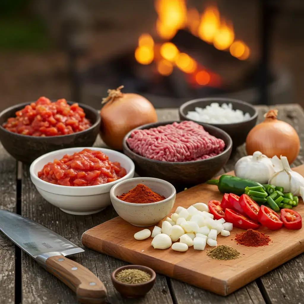 Fresh ingredients for venison chili, including ground venison, tomatoes, and spices, arranged on a wooden table.