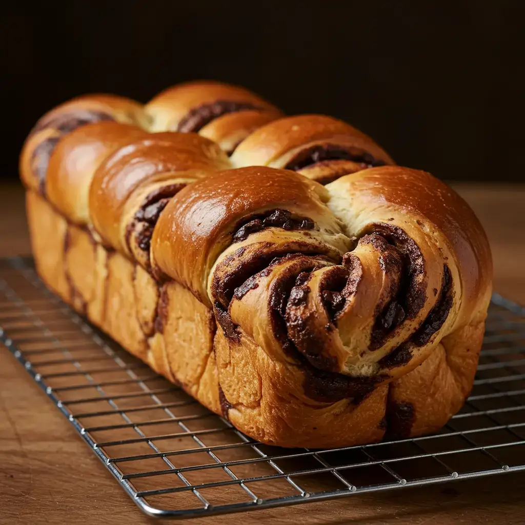 Freshly baked braided chocolate chip brioche loaf cooling on a rack with melted chocolate inside