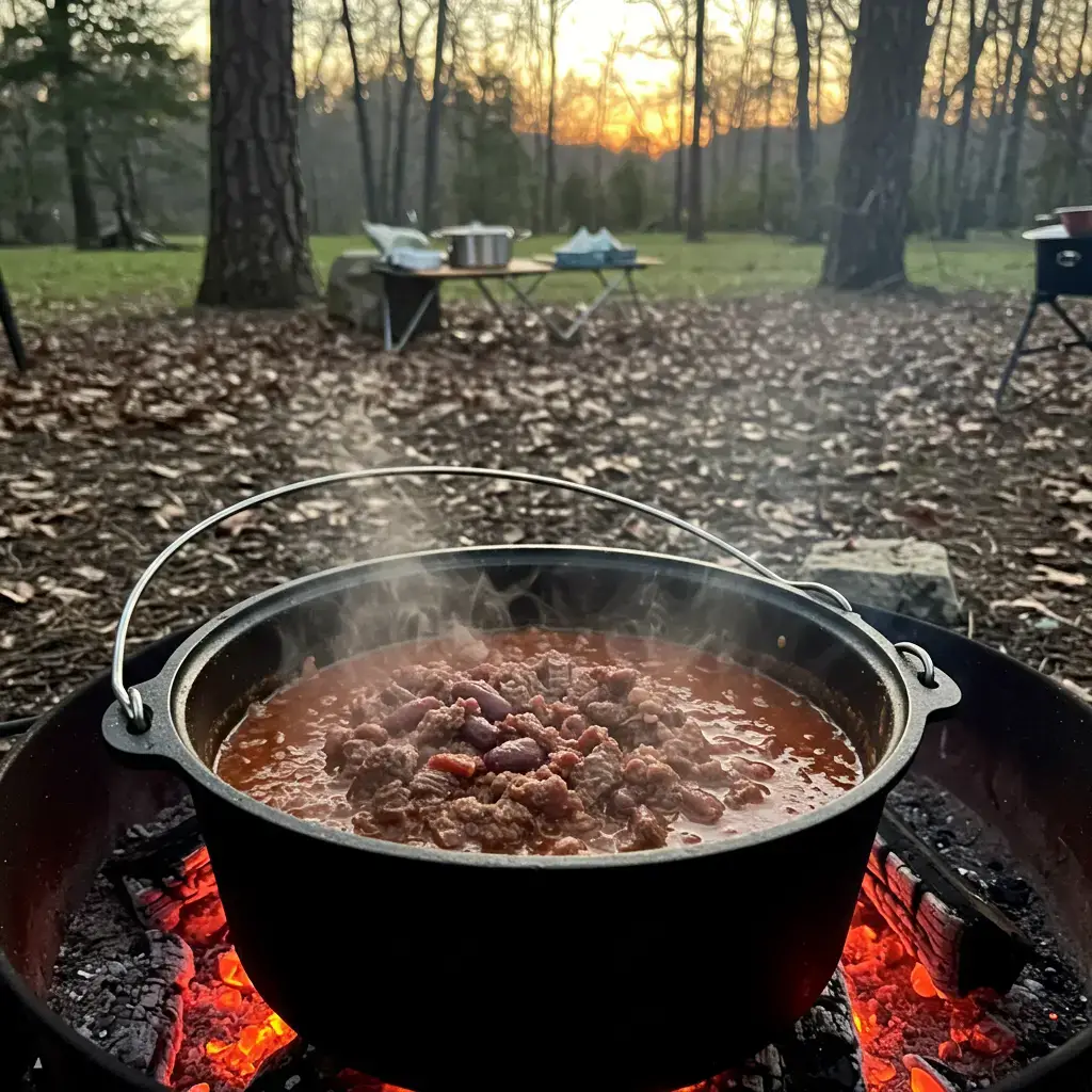 Dutch oven with venison chili cooking over a campfire in a forest campsite during dusk.