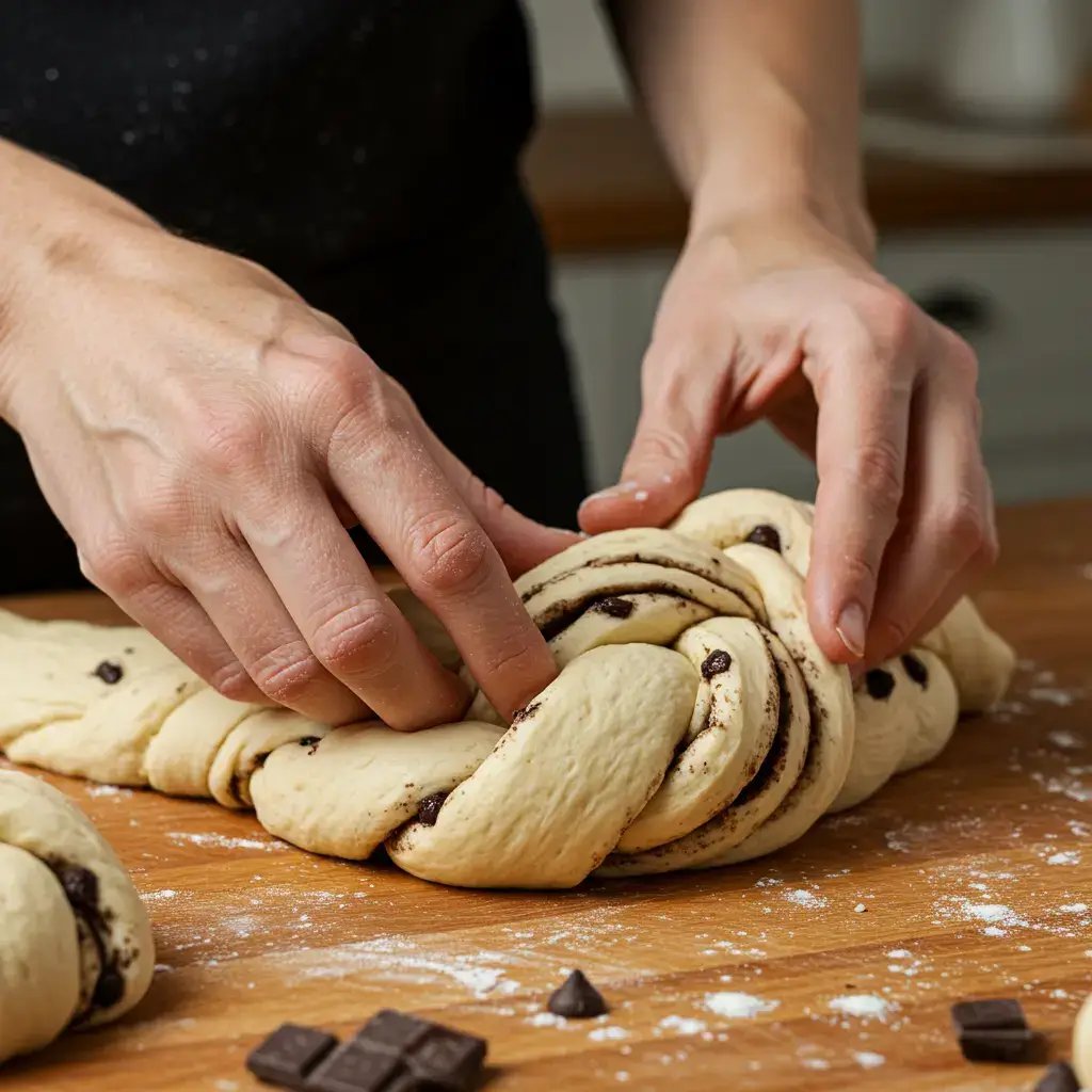 Baker braiding chocolate chip brioche dough with chocolate chips on the work surface.