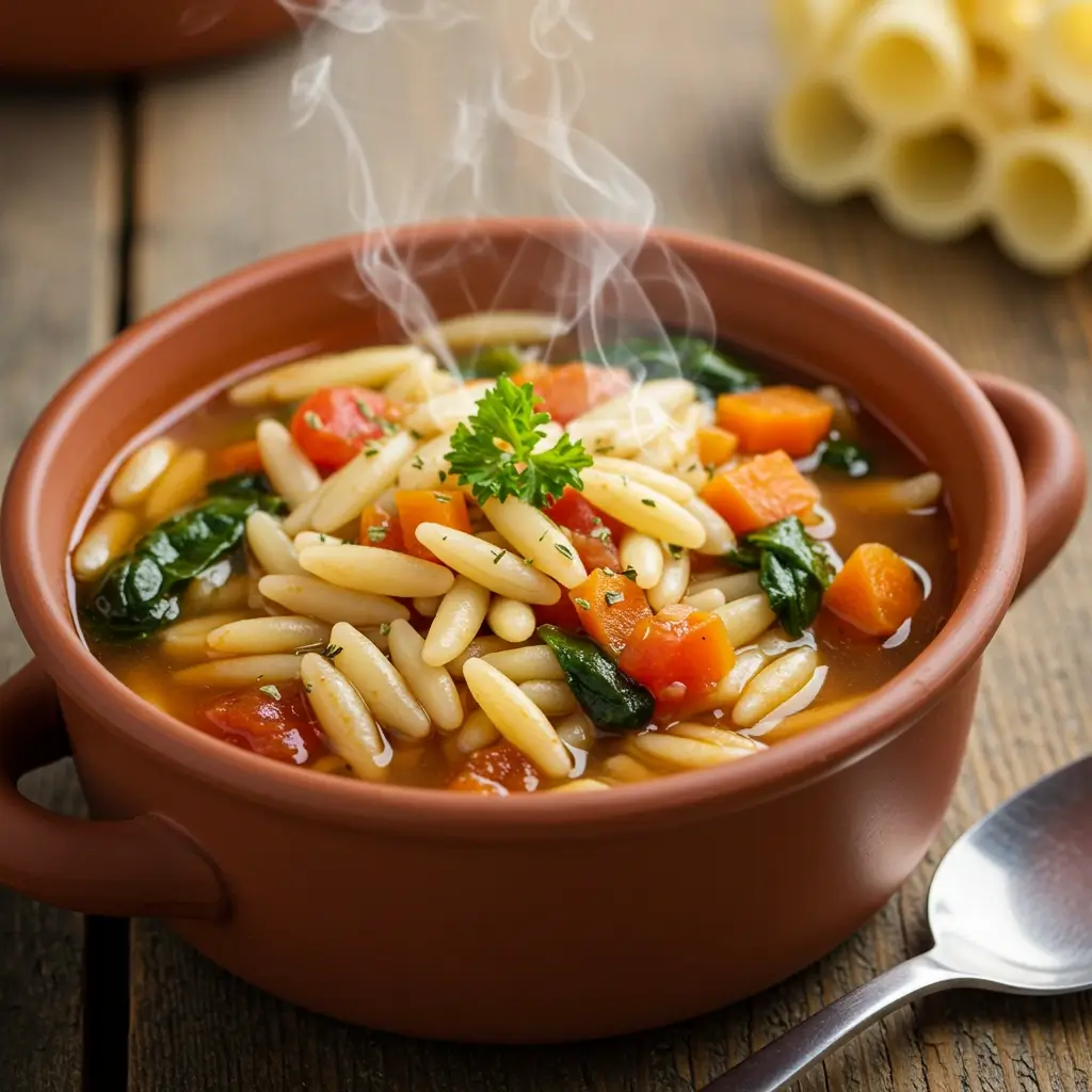 A bowl of ditalini pasta in a vegetable soup with carrots, spinach, and parsley.