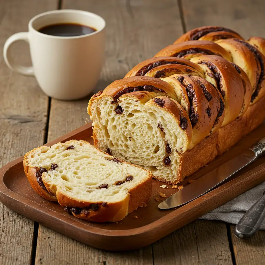 Sliced braided chocolate chip brioche with gooey chocolate and a cup of coffee.